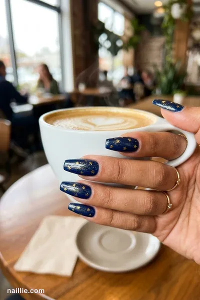 Close-up of coffin nails with tiny gold stars on navy