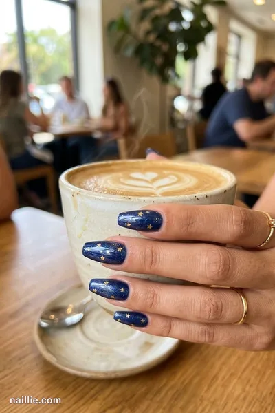 Close-up of coffin nails with tiny gold stars on navy — look 2