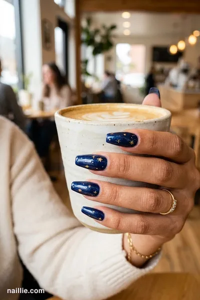 Close-up of coffin nails with tiny gold stars on navy — look 3