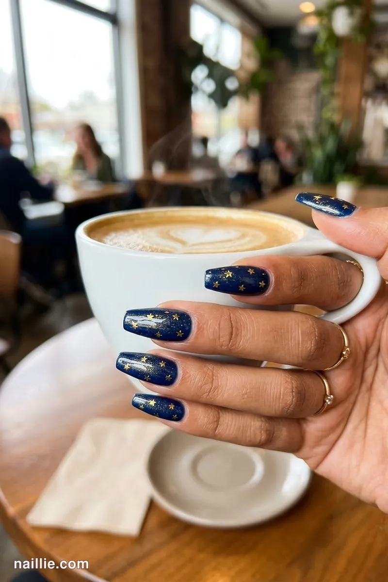 Close-up of coffin nails with tiny gold stars on navy