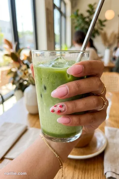 Close-up of oval nails with cute strawberry print accents — look 3
