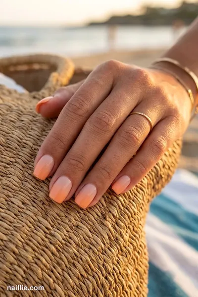 Close-up of short square nails with a sunset orange ombre fading into nude — look 2