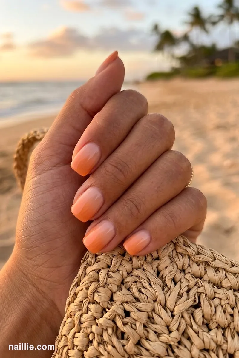 Close-up of short square nails with a sunset orange ombre fading into nude