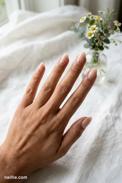 Close-up of oval nails with a single tiny taupe dot on each nail — look 2