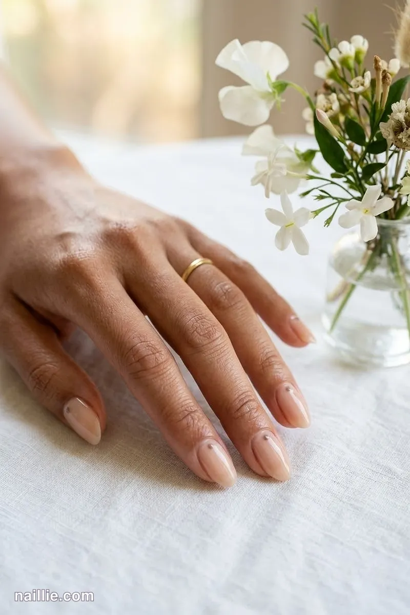 Close-up of oval nails with a single tiny taupe dot on each nail