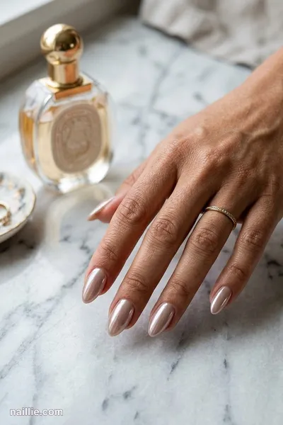 Close-up of almond nails with taupe polish and a pearly glazed-donut shimmer — look 2