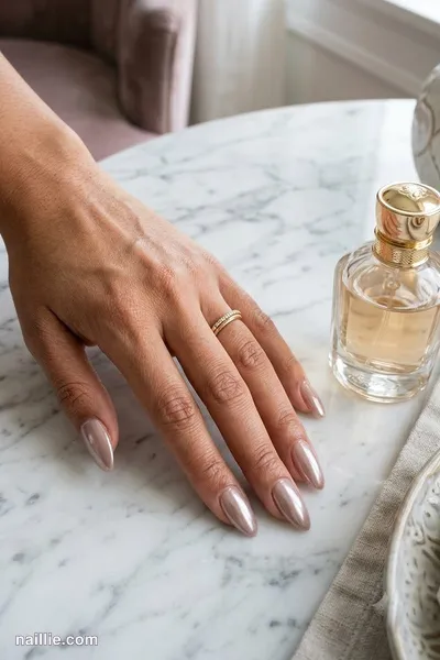 Close-up of almond nails with taupe polish and a pearly glazed-donut shimmer — look 3