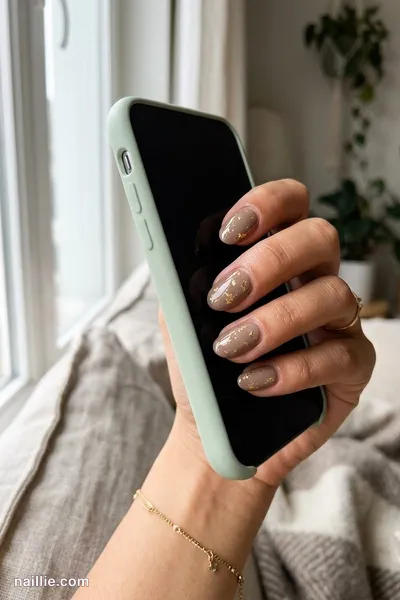 Close-up of oval nails with taupe polish and delicate gold foil flakes