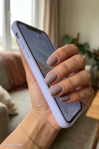 Close-up of short square nails with taupe polish and a soft matte top coat