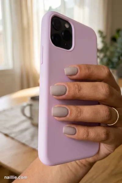 Close-up of short square nails with taupe polish and a soft matte top coat — look 2