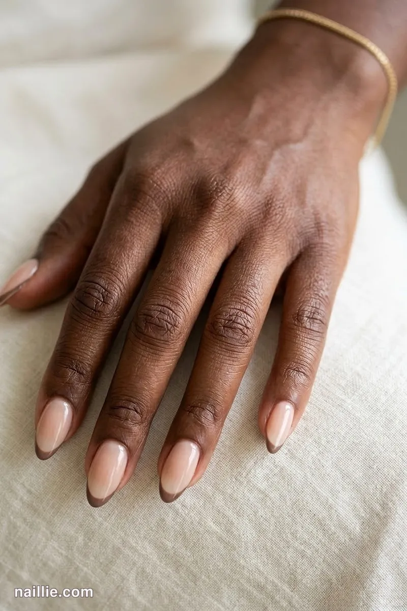 Close-up of almond nails with ultra-thin taupe micro French tips