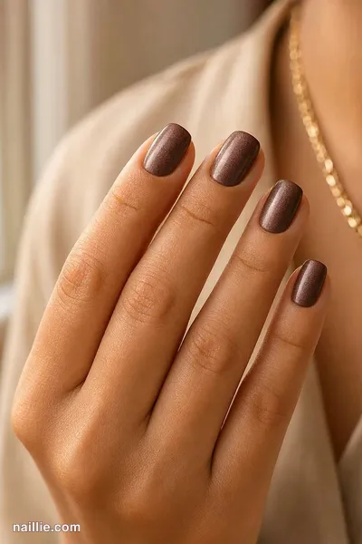 Close-up of short oval nails with taupe velvet polish — look 2
