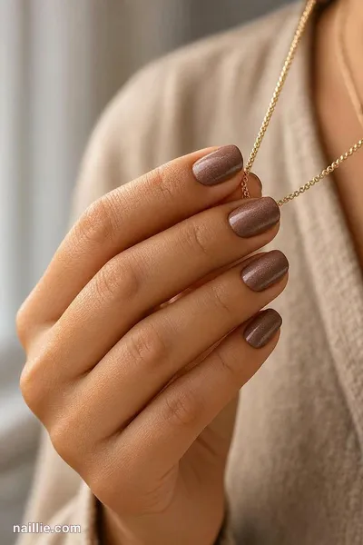 Close-up of short oval nails with taupe velvet polish — look 3