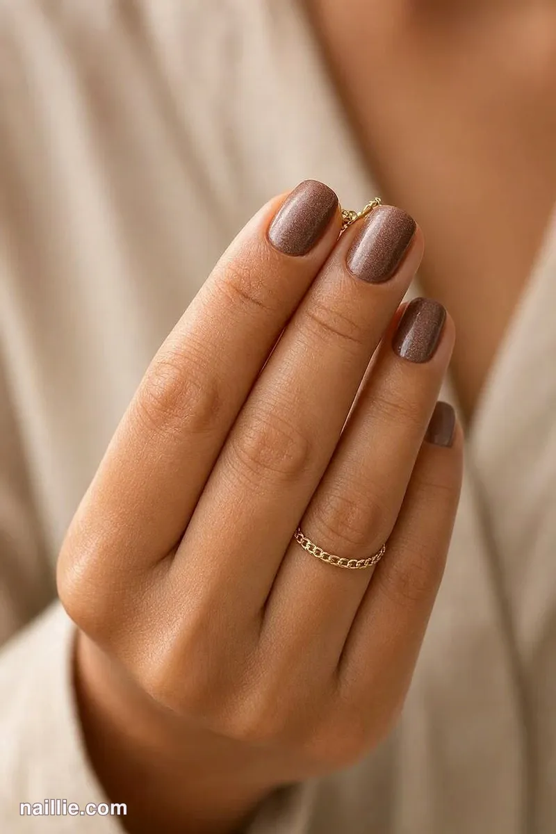 Close-up of short oval nails with taupe velvet polish