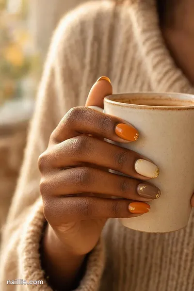 Close-up of oval nails with pumpkin tones and tiny gold leaves — look 2
