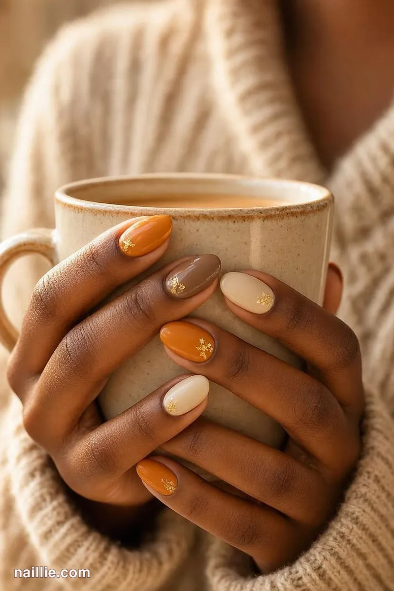 Close-up of oval nails with pumpkin tones and tiny gold leaves