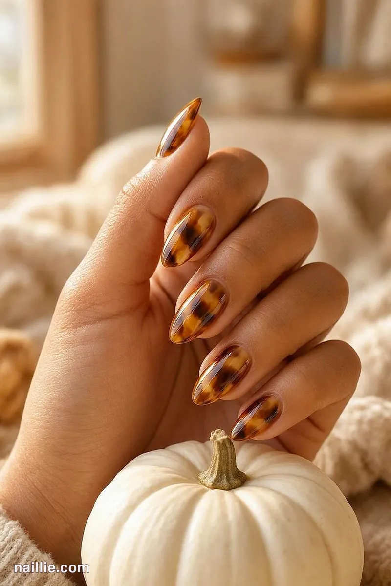 Close-up of almond nails with glossy amber-and-brown tortoiseshell print