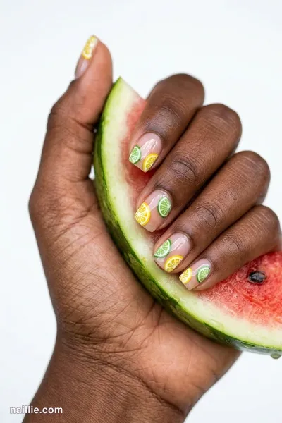 Close-up of short square nails with juicy lemon and lime slices — look 2