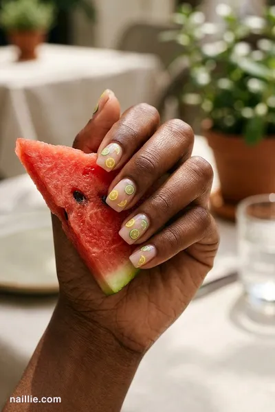 Close-up of short square nails with juicy lemon and lime slices — look 3