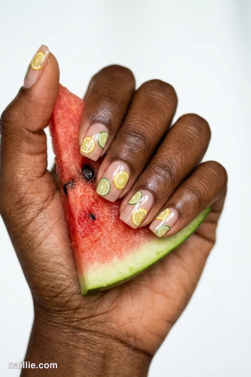 Close-up of short square nails with juicy lemon and lime slices