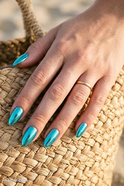 Close-up of almond nails with turquoise polish and a mirror-like chrome finish — look 2