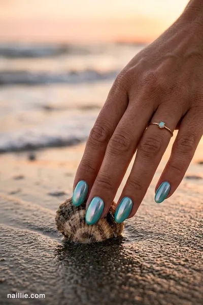 Close-up of oval nails with turquoise polish and a pearly glazed-donut shimmer — look 2