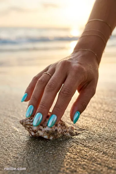 Close-up of oval nails with turquoise polish and a pearly glazed-donut shimmer — look 3