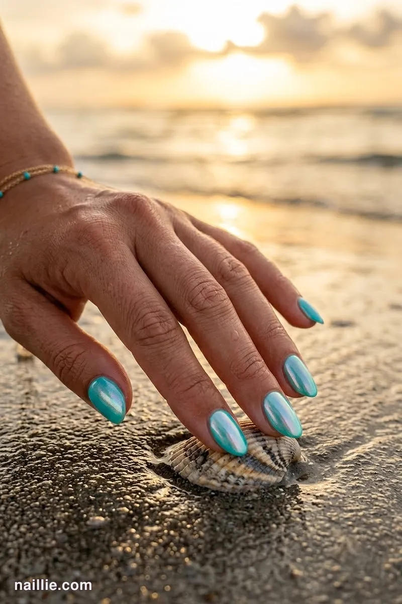 Close-up of oval nails with turquoise polish and a pearly glazed-donut shimmer