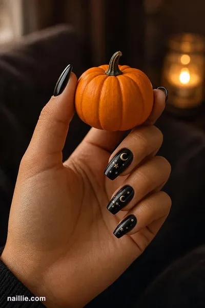Close-up of coffin nails with gold moons and stars on black — look 2