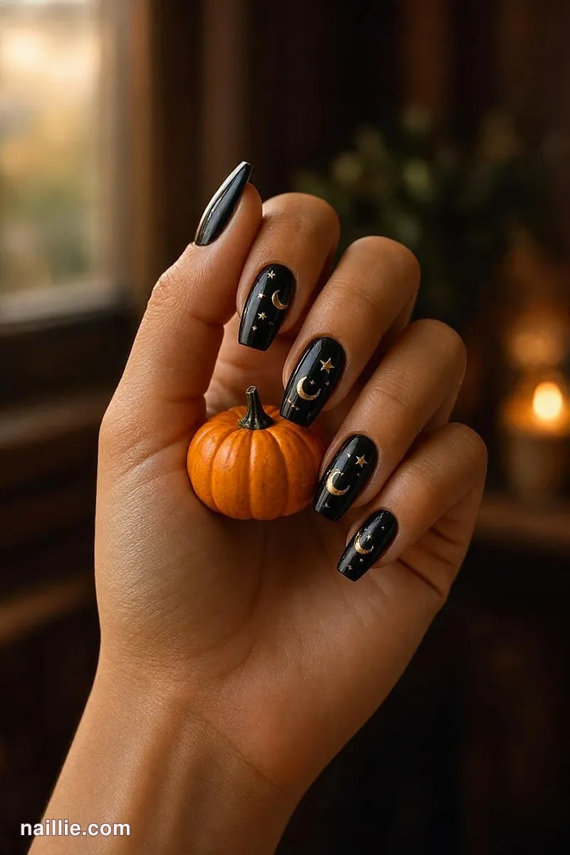 Close-up of coffin nails with gold moons and stars on black