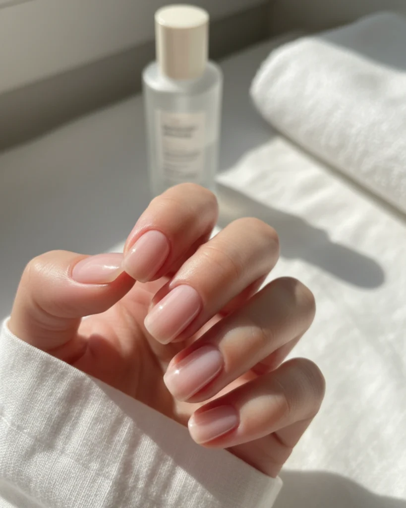 A close-up of a hand with short, squoval nails showcasing the Lip Gloss Nails trend, featuring a sheer pink, ultra-glossy, and healthy-looking finish in natural light.
