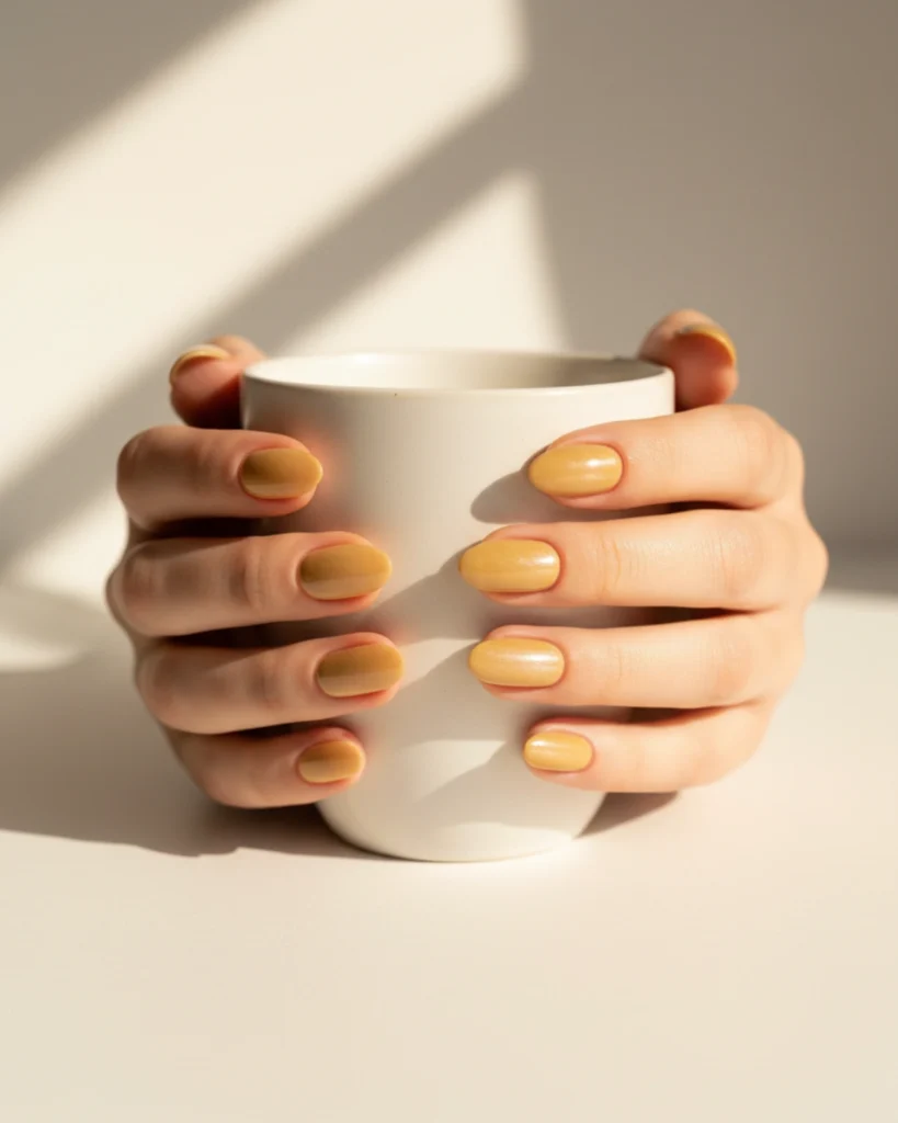 A close-up of a pair of hands with short, rounded nails with a glossy mustard yellow ombre finish, holding a white ceramic mug.
