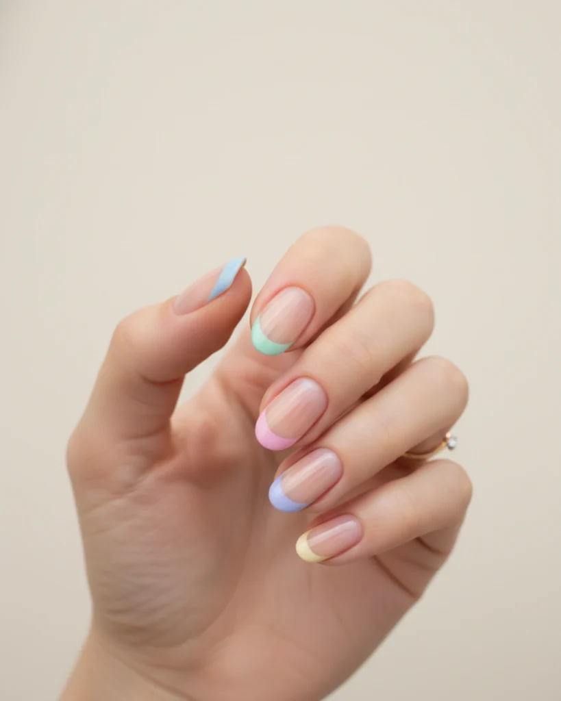 A close-up of a hand with a pastel rainbow French manicure on medium-length rounded nails, with each tip a different soft color.