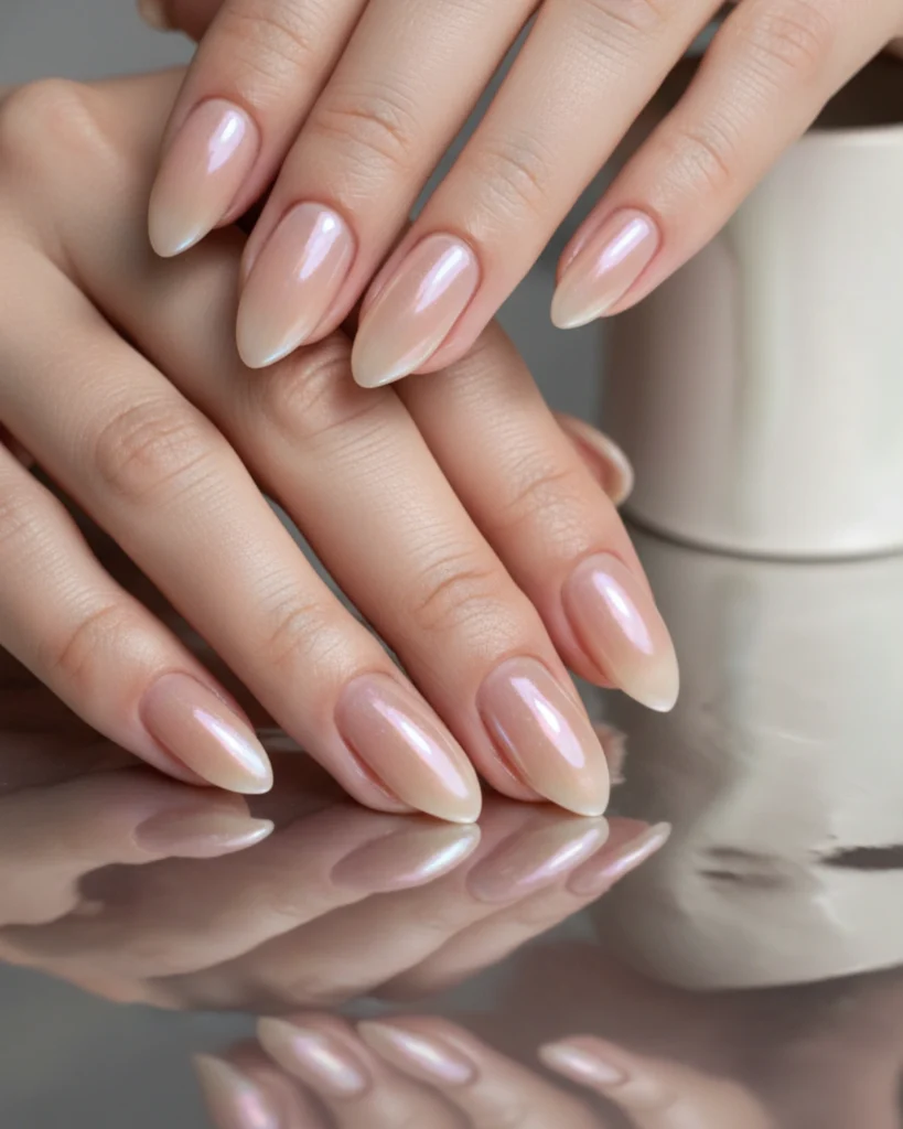 A close-up of a manicure showing almond-shaped nails with a pearlescent glazed finish over a soft nude ombré.