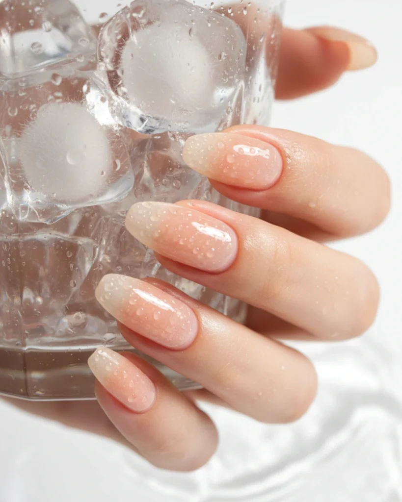 A close-up of a hand with glossy French ombré nails decorated with realistic 3D water droplets, holding a glass of ice.