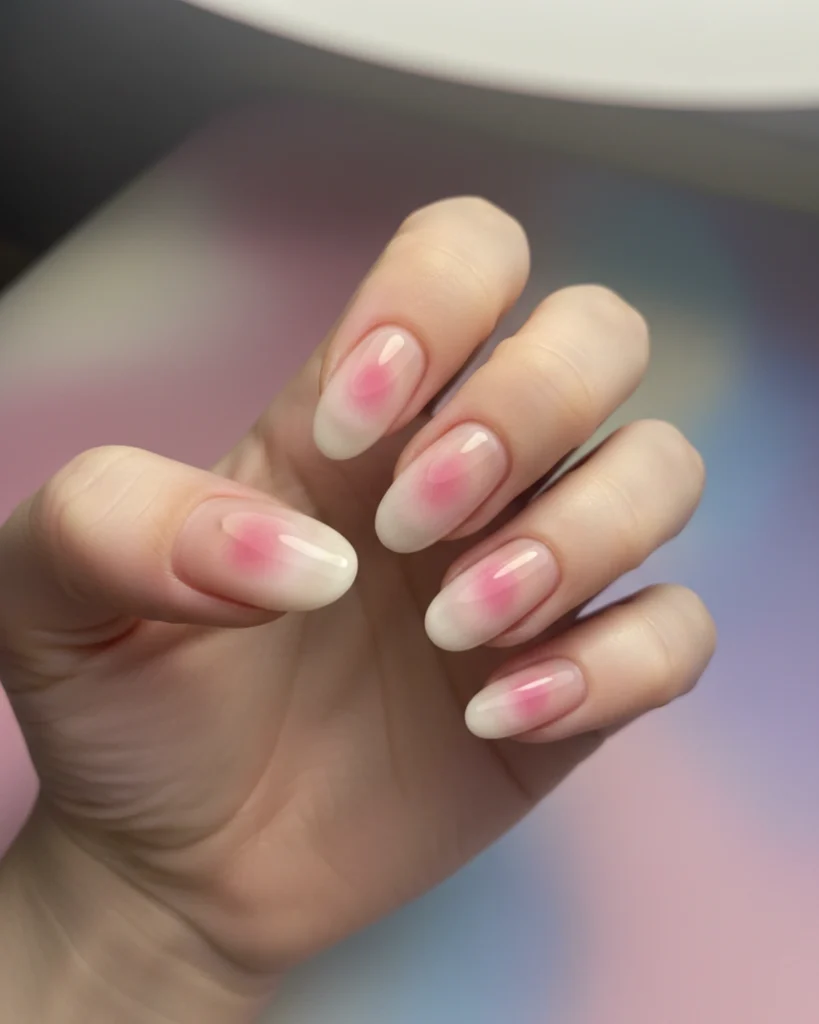 A close-up of a hand with medium almond-shaped nails featuring a soft pink aura, or blush, design over a sheer milky base.