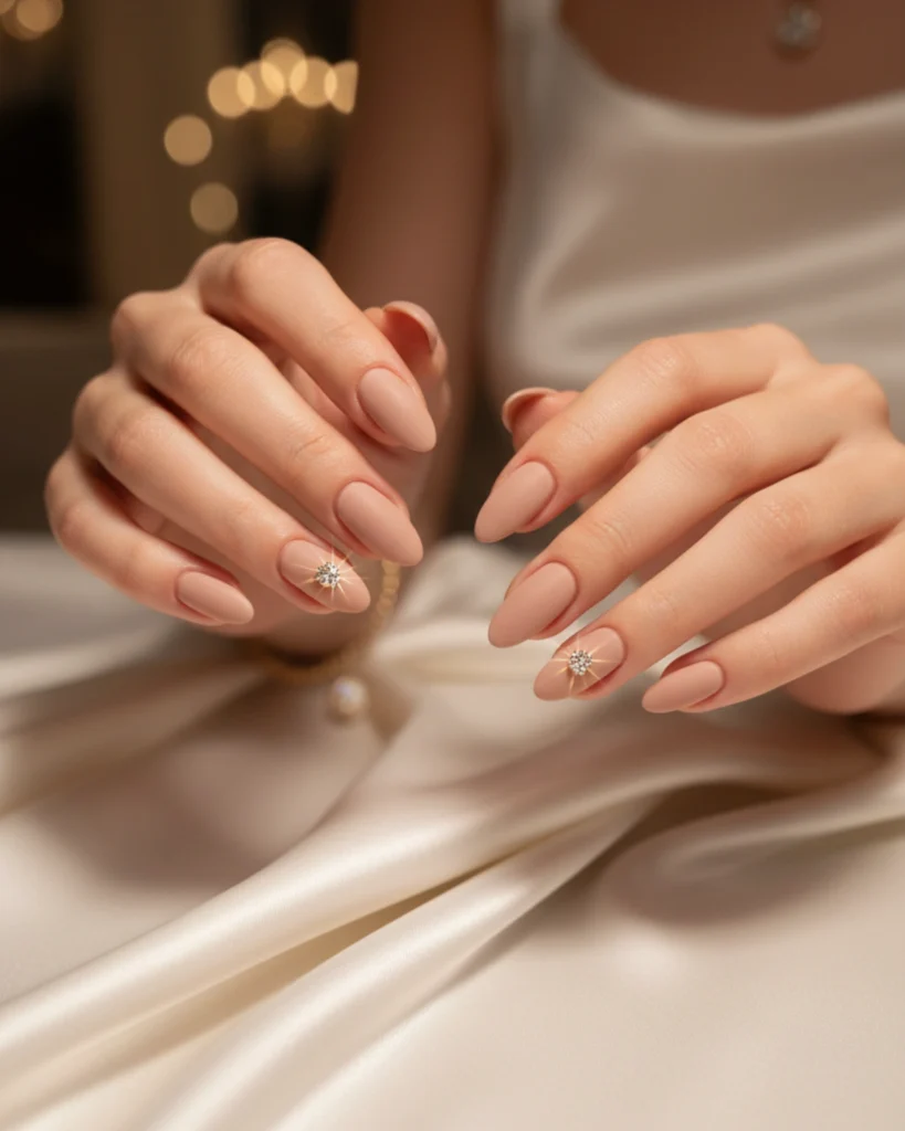 A close-up of hands with a sophisticated matte nude manicure on almond-shaped nails, featuring a sparkling rhinestone starburst accent on the ring finger.