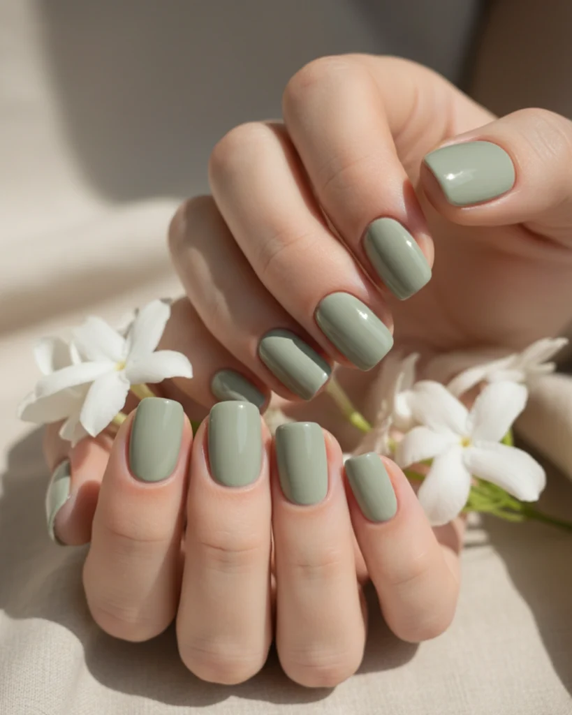A close-up of a woman's hands with a glossy matcha latte green manicure on short, squoval nails, holding delicate white jasmine flowers.