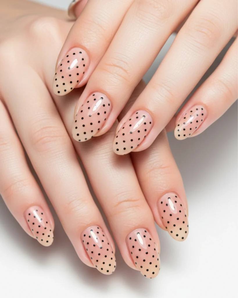 A close-up of a manicure featuring small black polka dots on a glossy, sheer nude base over medium-length almond-shaped nails.