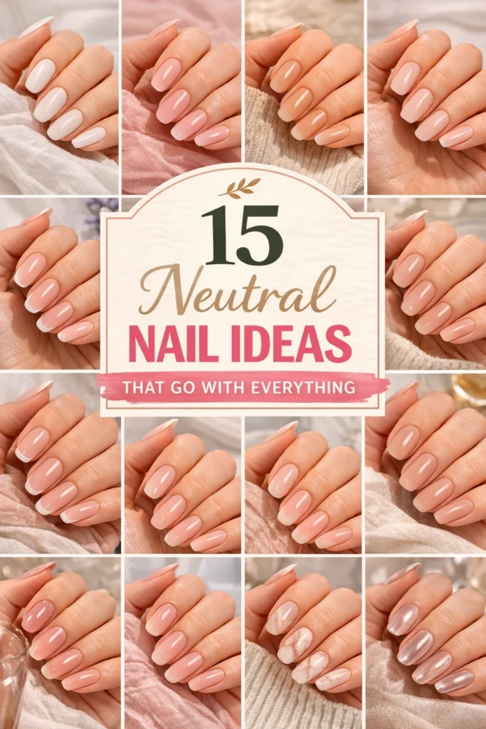 Neutral nail designs in nude, beige, and sheer pink tones with natural shapes and glossy finishes for everyday wear