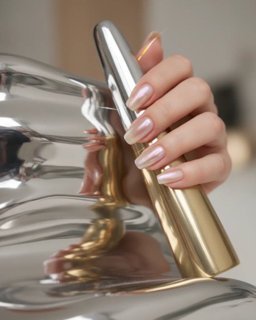 A close-up of a hand with long almond-shaped nails showcasing the glazed donut chrome trend with a pearlescent finish over a sheer base.