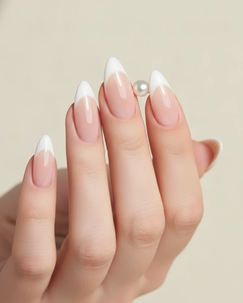 A hand with a perfect classic French manicure on long, almond-shaped nails, holding a single delicate pearl.
