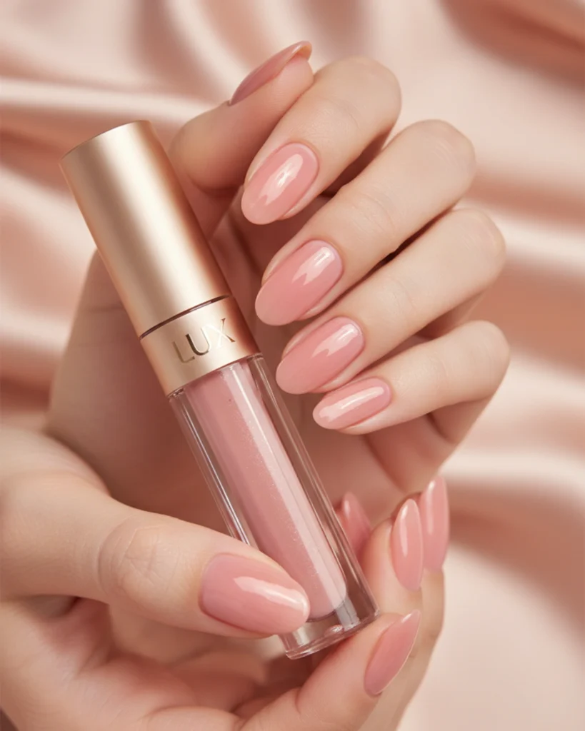 A close-up of natural-looking nails with a sheer pink blush polish that enhances the nail bed color.