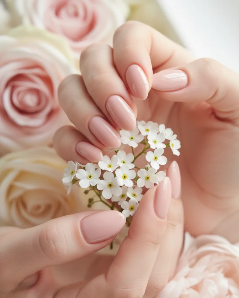 A close-up of a woman's hands with a flawless soft powder pink manicure on almond-shaped nails, holding a small bouquet of white flowers.