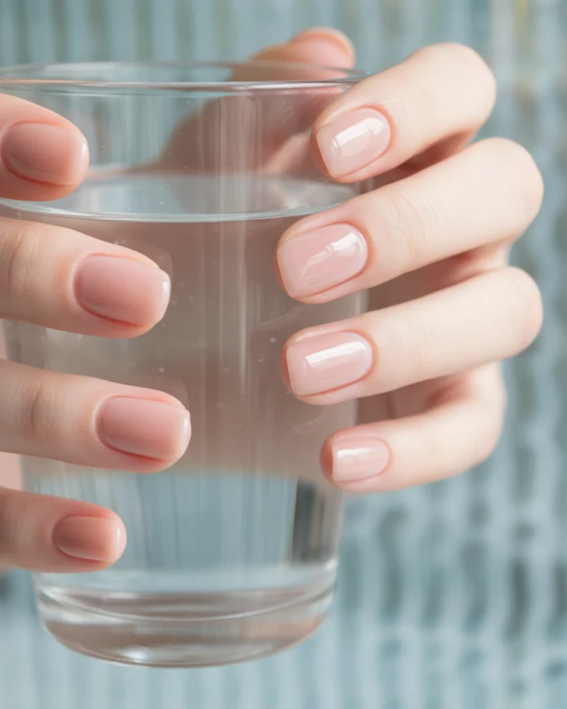 A close-up of a hand with short, neatly manicured nails in a sheer jelly nude polish holding a clear glass of water.