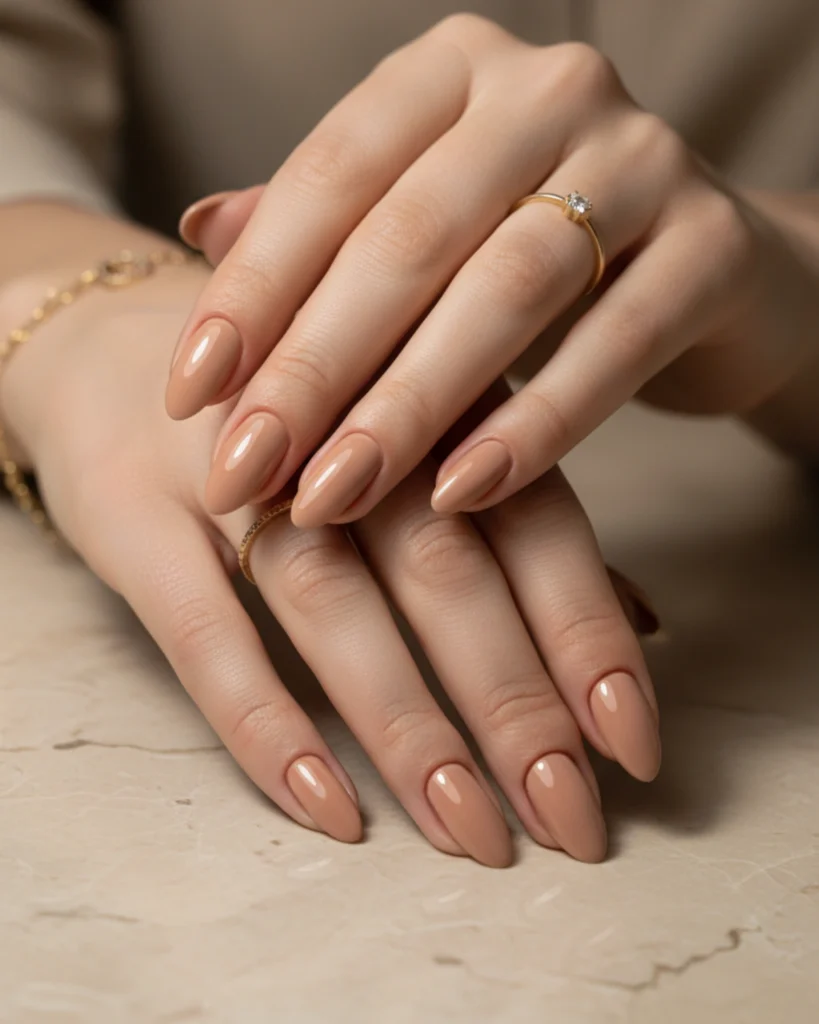 A classic manicure with almond-shaped nails painted in a creamy, opaque beige nude polish, paired with delicate gold jewelry.
