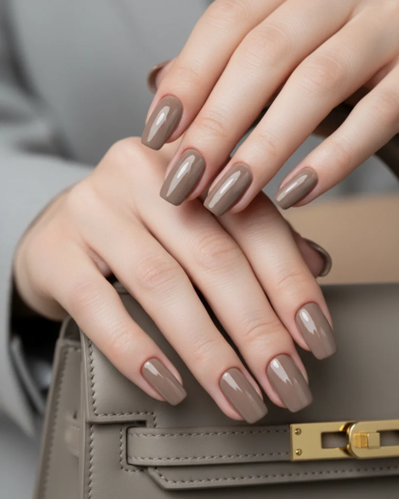A close-up of a woman's hands with a flawless, glossy taupe manicure on medium-length squoval nails, resting on a matching taupe handbag.