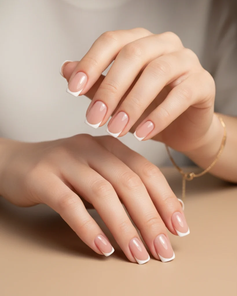 A minimalist micro French manicure with a sheer nude base and an ultra-thin white tip on short, squared nails.
