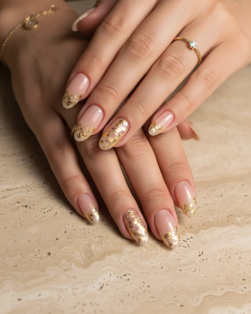 Close-up of elegant almond-shaped nails with a sheer neutral base and luxurious gold foil accents.