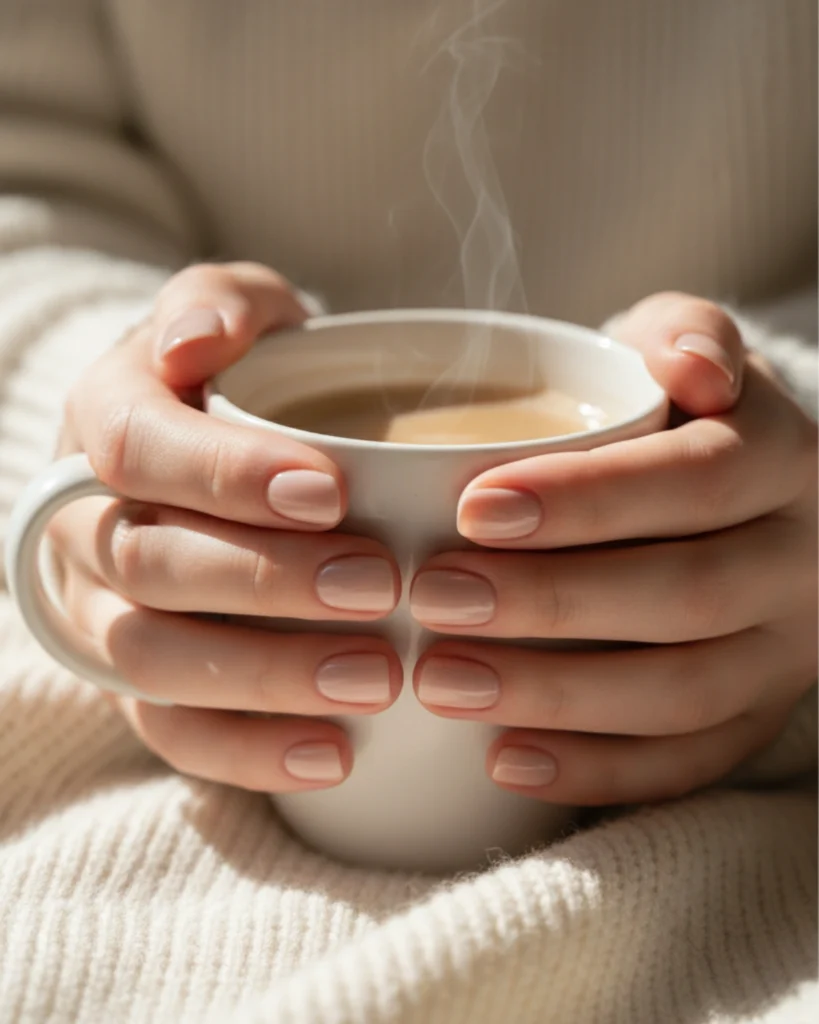 Hands with a simple short nude manicure holding a warm white mug, showcasing a clean and elegant nail idea.